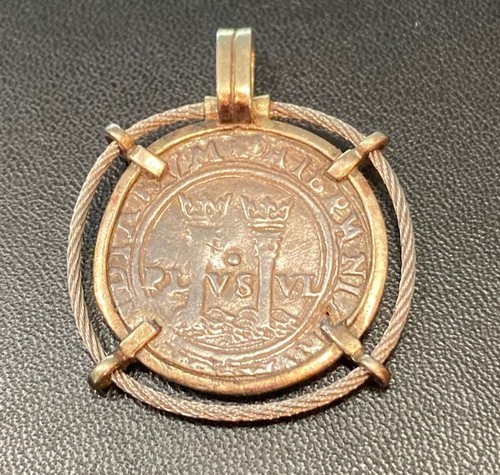 Genuine Mexico 1 Real 1542-1555 Carlos & Joanna Silver Cob Coin 14K Gold Pendant - Picture 2 of 5