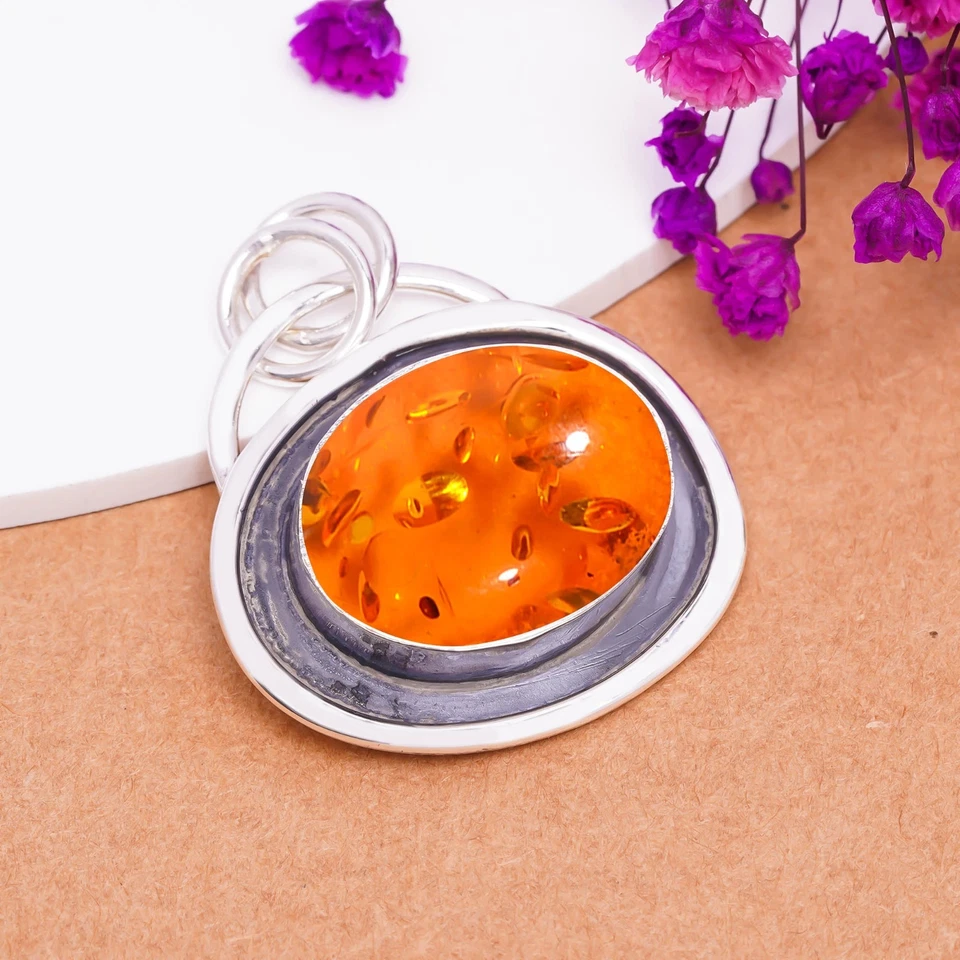 Venta de Navidad ÁMBAR Piedras Preciosas Plata de Ley 925 Hecho a Mano Colgante Joyería Foto 3 de 4