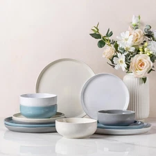 GBHOME Ceramic Dinnerware Set for 4, 12pcs Stoneware Plates and Bowls Sets, Hand