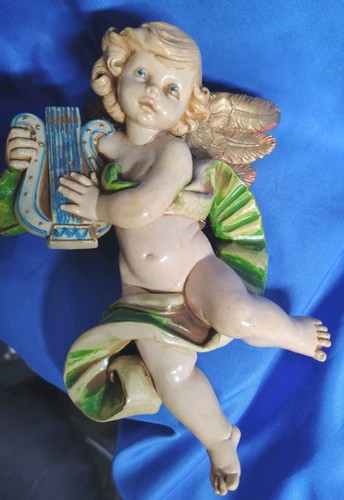 Vintage Pair of Depose Italy Cherub Angel Wall Hanging Decor 7.5 " Harp & String - Picture 3 of 8