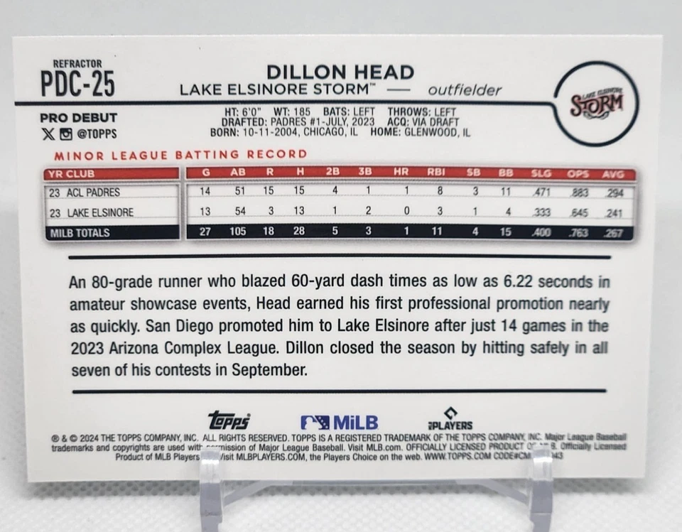 2024 Topps Pro Debut Dillon Head Chrome Refractor #'D 51/99 #PDC-25 - Image 2 of 2