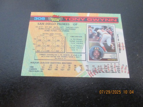 TONY GWYNN PADRES 1991 TOPPS STADIUM CLUB BASEBALL CARD #308 FREE SHIPPING - Picture 2 of 2