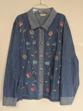 Bobbie Brooks Floral Embroidered Denim Shirt Jacket Size L  Boho Cottagecore