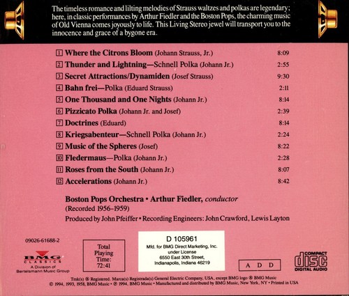 STRAUSS FAMILY WALTZES / Arthur Fiedler, Boston Pops Orchestra (CD, 1994, RCA) - Picture 2 of 2