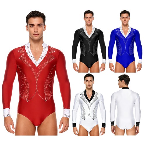 Mens Bodysuit Figure Skating Jumpsuit Ballet Leotard Long Sleeve Ballroom Jazz - Picture 3 of 54