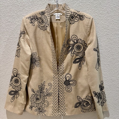 Chaqueta Susan Bristol De Colección Carrera Mezcla Seda Talla Grande Tostada/Negro Forrada Bordada - Imagen 5 de 9
