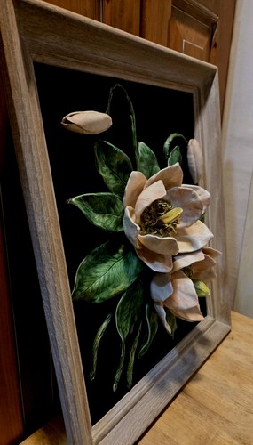 Vintage Keramik prächtige Magnolien gerahmt Dimension 3" Tiefe tolle Details - Bild 3 von 24