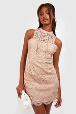 boohoo Women Boutique Lace Racer Neck Bodycon Dress, White, Size 8