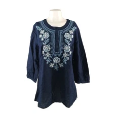 NWT $89 CHARTER CLUB Linen Blend Floral Embroidered Tunic Top L(12-14) Blue