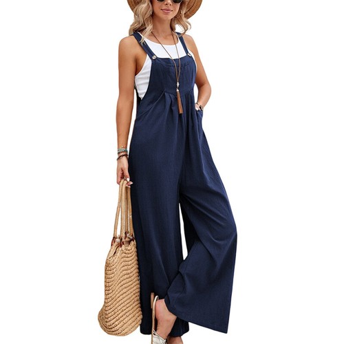 Women's Bib Overalls Loose Baggy Sleeveless Wide Leg Long Pants Jumpsuits Romper - Picture 23 of 34