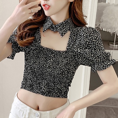 Femme Léopard Haut Court Chemisier Manches Ballons Slim Creux Sortie Été T-Shirt - Bild 3 von 12