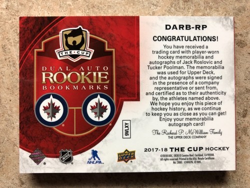 17-18 UD The Cup RC Dual Auto Rookie Bookmarks JACK ROSLOVIC / TUCKER POOLMAN - Foto 3 di 6