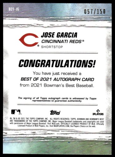 2021 Bowman's Best of 2021 Autographs Blue Refractor Jose Garcia Auto 057/150 - Picture 2 of 2