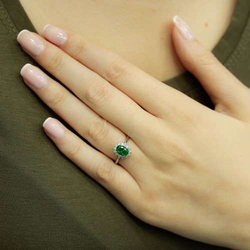 Anillo sémeralda ovalada de diamantes Halo oro blanco 14 quilates - Imagen 6 de 6