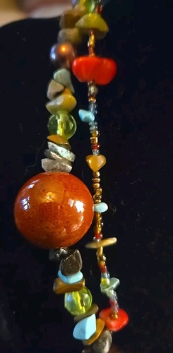 Turquoise, Amber Stones & Glass Beaded Double Strand Necklace Southwest Boho - Picture 2 of 9