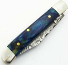 Mini Trapper Pocket Knife Handmade Damascus Steel Folding Knife Blue Wood Handle