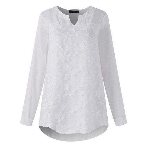 Dame Weiß Spitze Langarm Hemd Bluse Shirt Freizeit Besticktes Tunika Top´DE - Bild 7 von 21