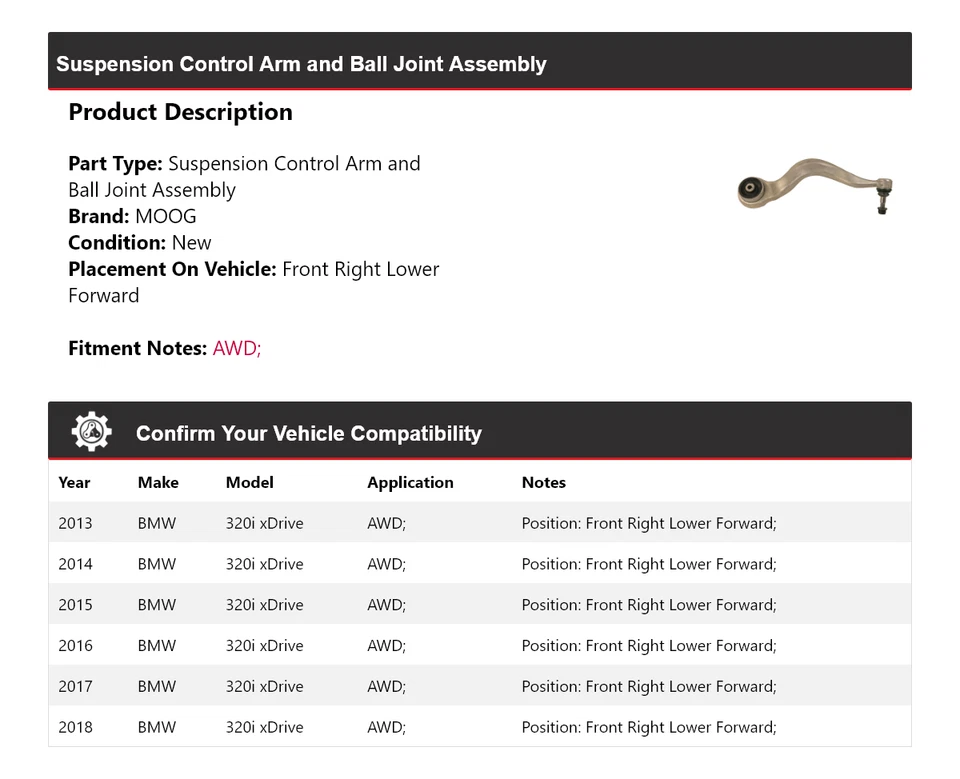 Brazo de control delantero derecho inferior delantero MOOG para BMW 320i xDrive 2013-2018 AWD Foto 2 de 4