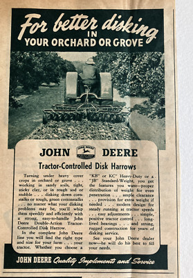 JOHN DEERE TRACTOR, ORCHARD DISK HARROWS, PRINT AD c. 1945