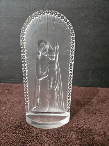 SIGNED LALIQUE FRANCE CRYSTAL FROSTED & CLEAR MADONNA CHILD STATUE PLAQUE 7 5/8" - Picture 2 of 10