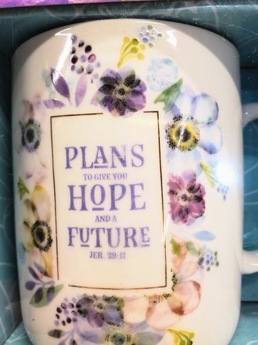 Neu im Karton Christliche Kunst Schrift Kaffee Tee Becher Set 4 Botanische Blumen Inspiration - Bild 3 von 8