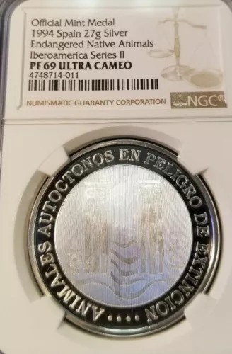 1994 SPAIN SILVER MEDAL ENDANGERED NATIVE ANIMALS NGC PF 69 ULTRA CAMEO TOP POP