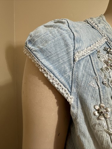 Women’s Light Blue Cotton Denim Casual Stretch Beaded Glitter Short Size M Vest - Picture 7 of 22