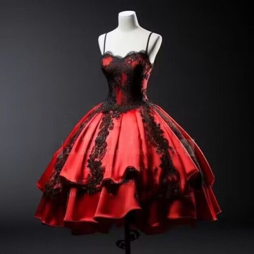Gothic Short Wedding Dresses Spaghetti Straps Black and Red Corset Bridal Gowns - Picture 3 of 9