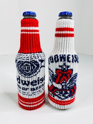 Budweiser Knit Sweater Bottle Koozies Set Of 2 Koozies Promotional Gift New - Picture 2 of 6