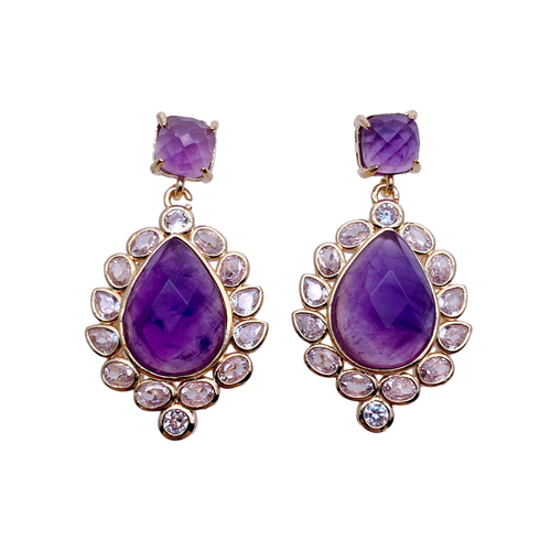 Natural Amethyst Teardrop Shape Cz Pave Dangle Stud Earrings Lady Jewelry Femme - Picture 2 of 6