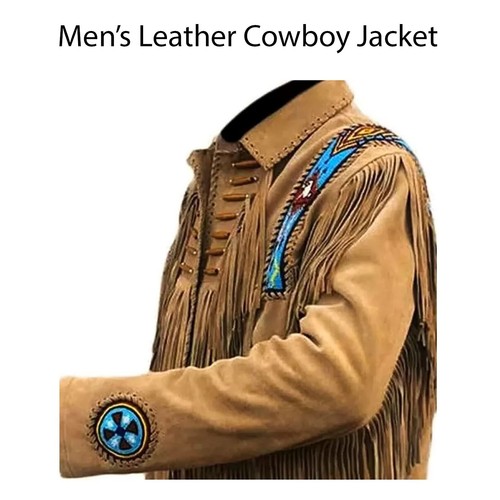 Men's Cowboy Traditional Western Cowboy Suede Leather Coat Beads Frings - Brown - Picture 24 of 28