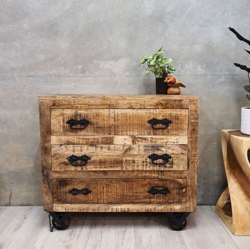 Rustic Industrial Sideboard 3 Drawer Storage Unit Cabinet Vintage Hall Furniture - Picture 4 of 6