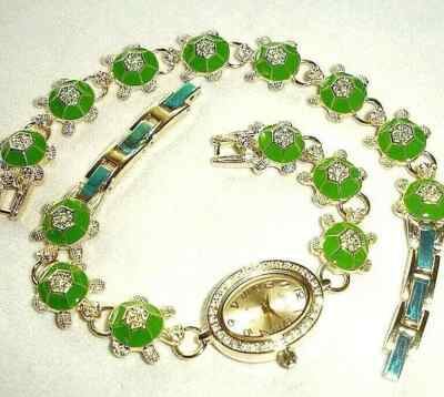 Lenox Green Turtle Gold Plated Link Watch & Bracelet 2PC Set Crystal Accents New