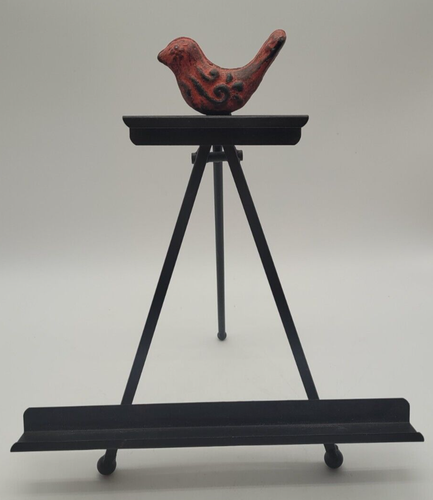 BLACK METAL PHOTO/BOOK EASEL STAND WITH RED CAST IRON BIRD PERCHED ON TOP - Picture 2 of 8