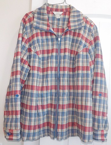 CJ Banks BLUE BEIGE RED Plaid CRINKLE Zip Front Jacket Long or 3/4 Sleeve 1X - 第 1/5 張圖片