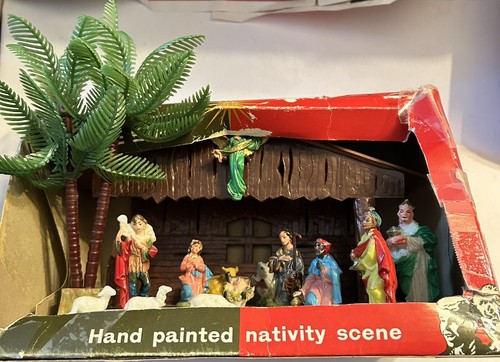Vintage Plastic Brite Star Nativity Set Orig Box Hand Painted Jesus Mary - Picture 1 of 7