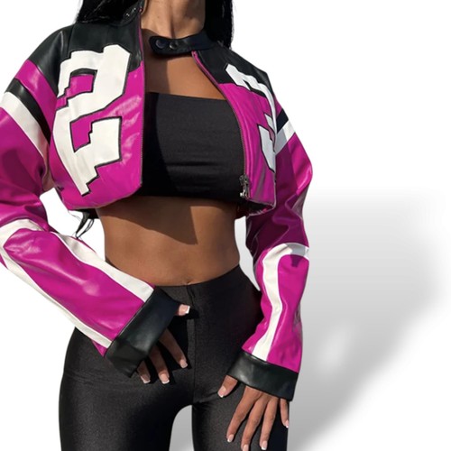 Women's Motorcycle Cropped Leather Jacker-Y2K Letter Street Style Jacket - Picture 13 of 13