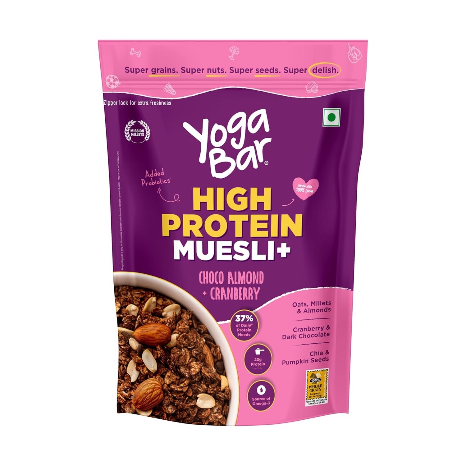 Muesli Yogabar Super High Protein 850g | 21g Proteína | Con Probióticos y Suero de Suero.