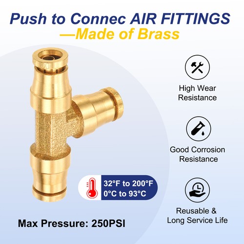 3pcs 1/4 Tee Union Push to Connect Fittings 1/4" OD Air Fittings Brass Air Brake - Picture 5 of 7