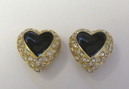 VINTAGE 60er 70er HERZ OHRRINGE GOLD METALL SCHWARZ EMAILLE KRISTALL STRASS - Bild 4 von 8