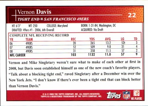2009 Topps #22 Vernon Davis San Francisco 49ers 🏈 - Picture 2 of 2