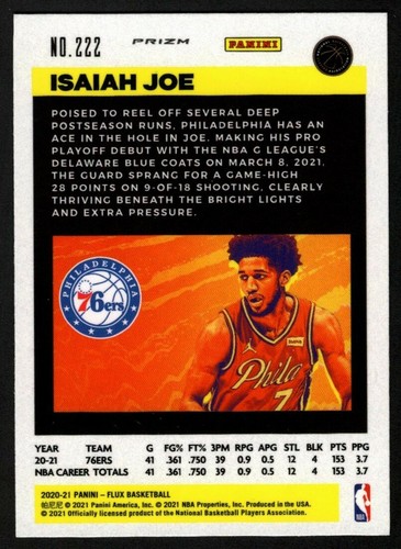 Isaiah Joe 2020-21 Panini Flux #222 Silver Prizm Rookie RC SP Philadelphia 76ers - Imagen 2 de 2