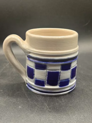 Williamsburg Cobalt Blue Checkerboard on Gray Salt Glaze Pottery Mug
