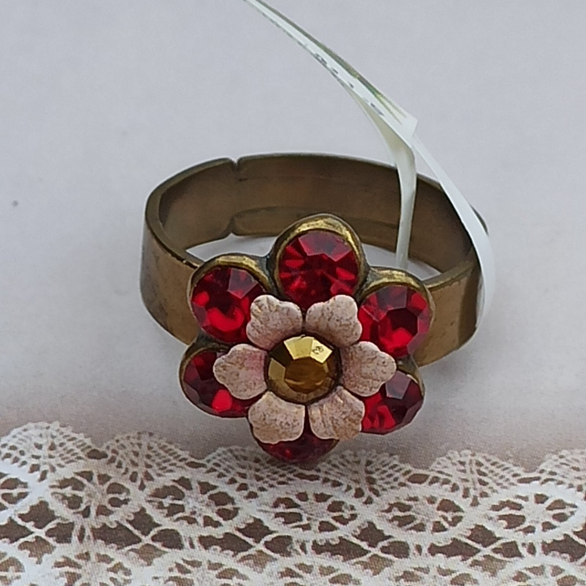 Michal Negrin Ring Red Pink Flower Adjustable and Swarovski