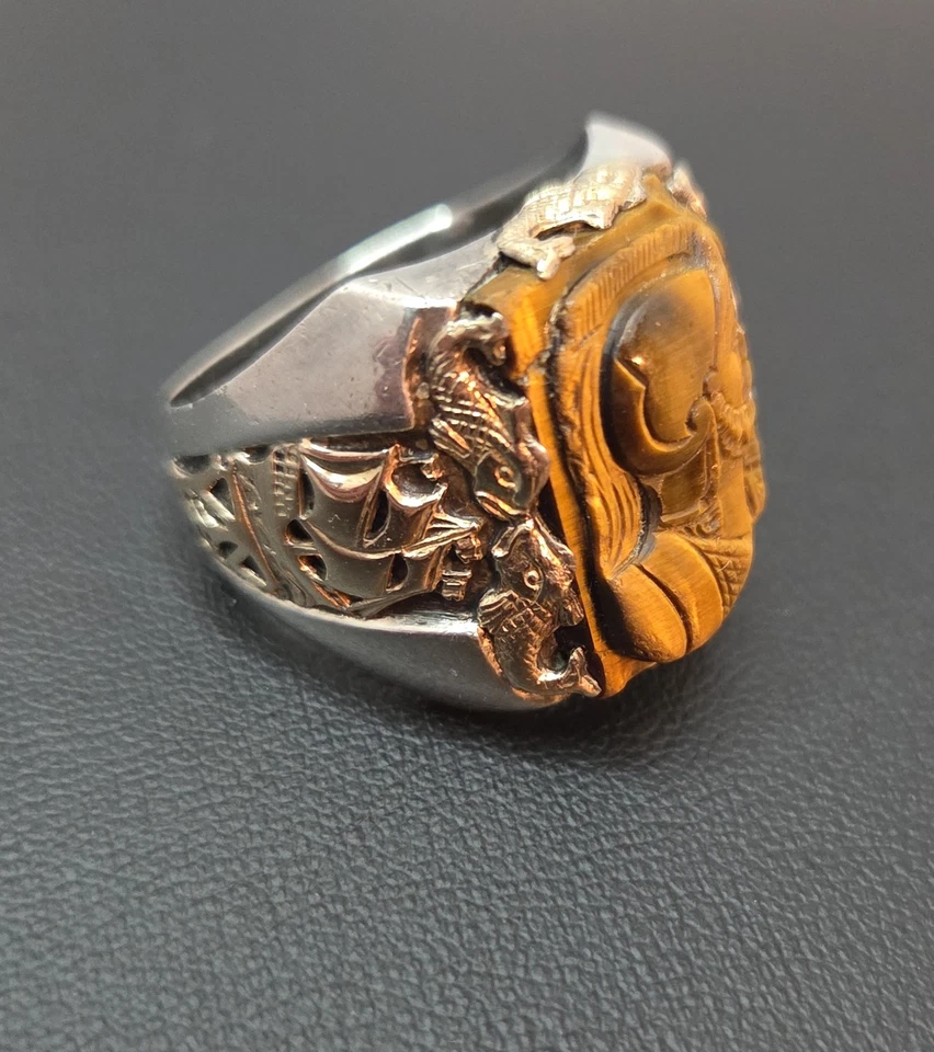 Винтажный уникальный тигровый глаз Intaglio кольцо 10K золото 925 пробы 20g размер 10 - Изображение 4 из 4