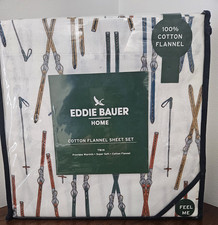 Eddie Bauer Cotton Flannel Twin Sheet Set Ski Line-Light Ivory Orange Blue NIP