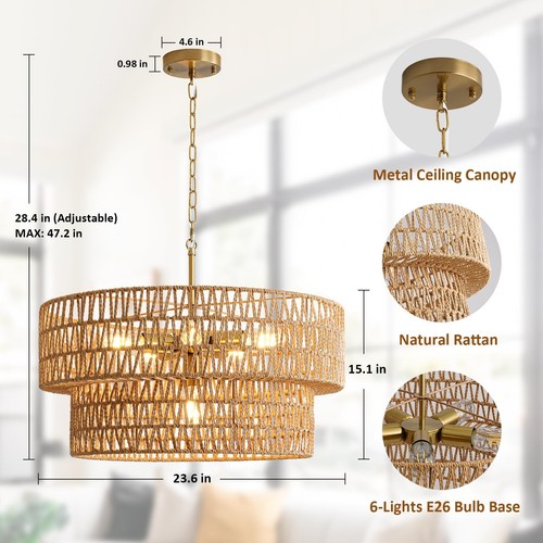 23.6" Boho Rattan Chandelier, 6-Light Large Rattan Pendant Light with 2-Tier ... - Bild 2 von 7