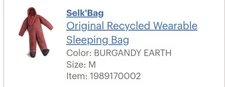 Selk’ Bag Original Recycled Wearable Sleeping Bag medium Camping New. 