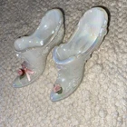 Vintage Lot Of 2 Fenton Iridescent White Shoes Slippers Cabbage Rose Pattern