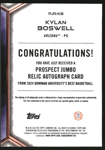 2023-24 Bowman's Best U Prospect Jumbo Relic Autographs #PJRKB Kylan Boswell - Picture 2 of 2
